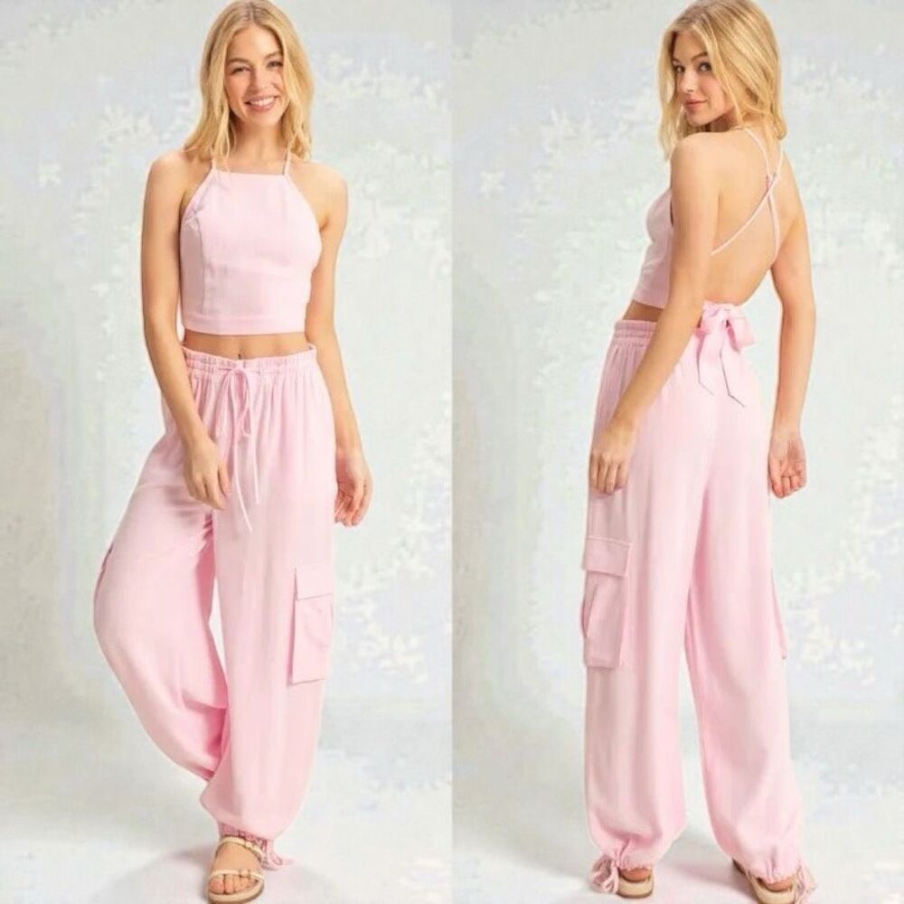Light Pink Halter Crop Top & Cargo Joggers Set | HYFVE NWT